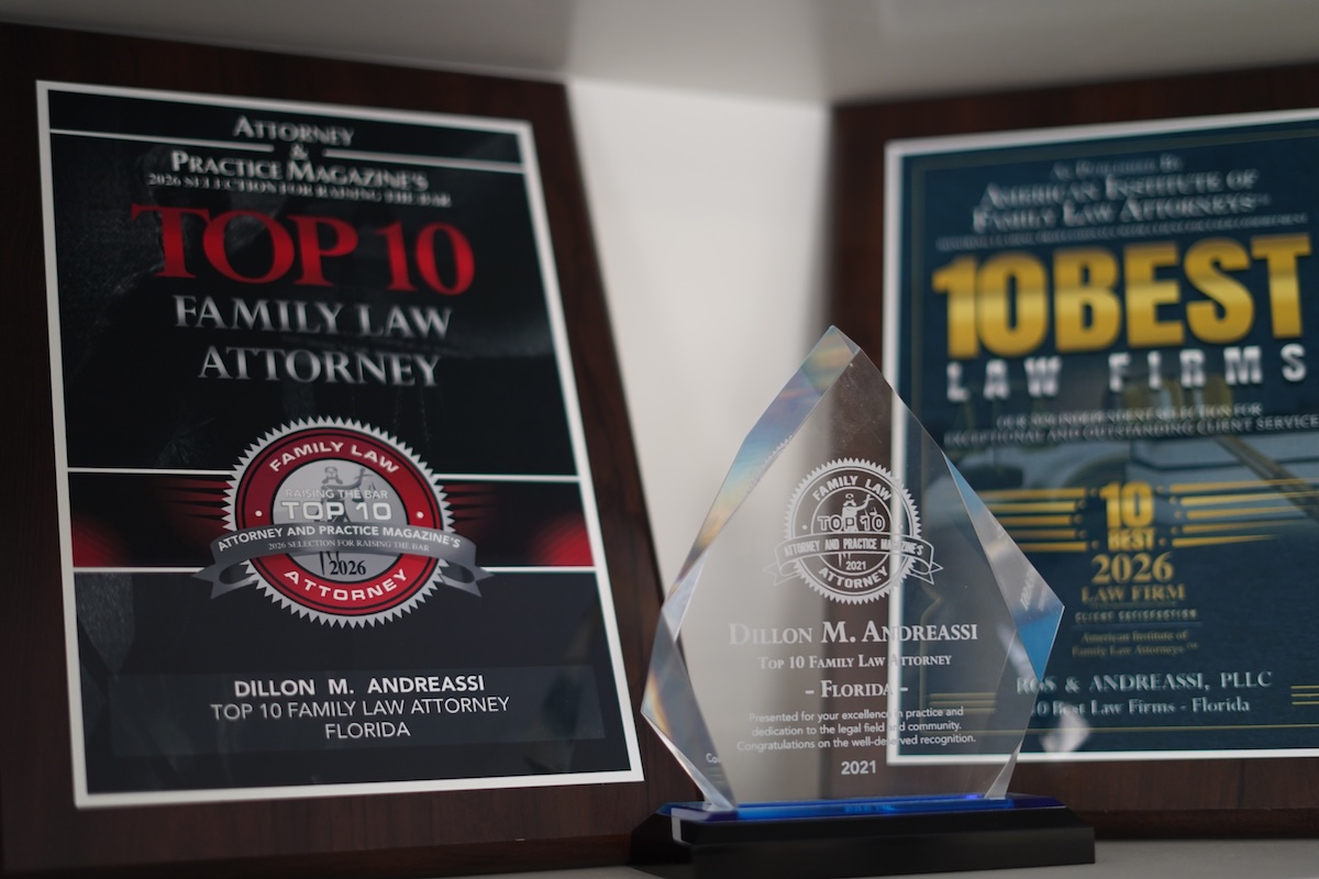 Award plaques and trophies displayed at the Ross & Andreassi office